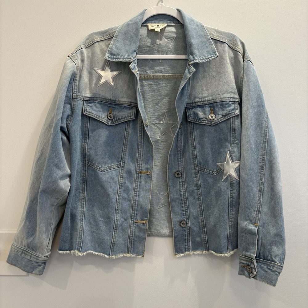 Umgee Women's Oversized Cropped Cutout Stars WesternCore Grunge DenimJacket SzS